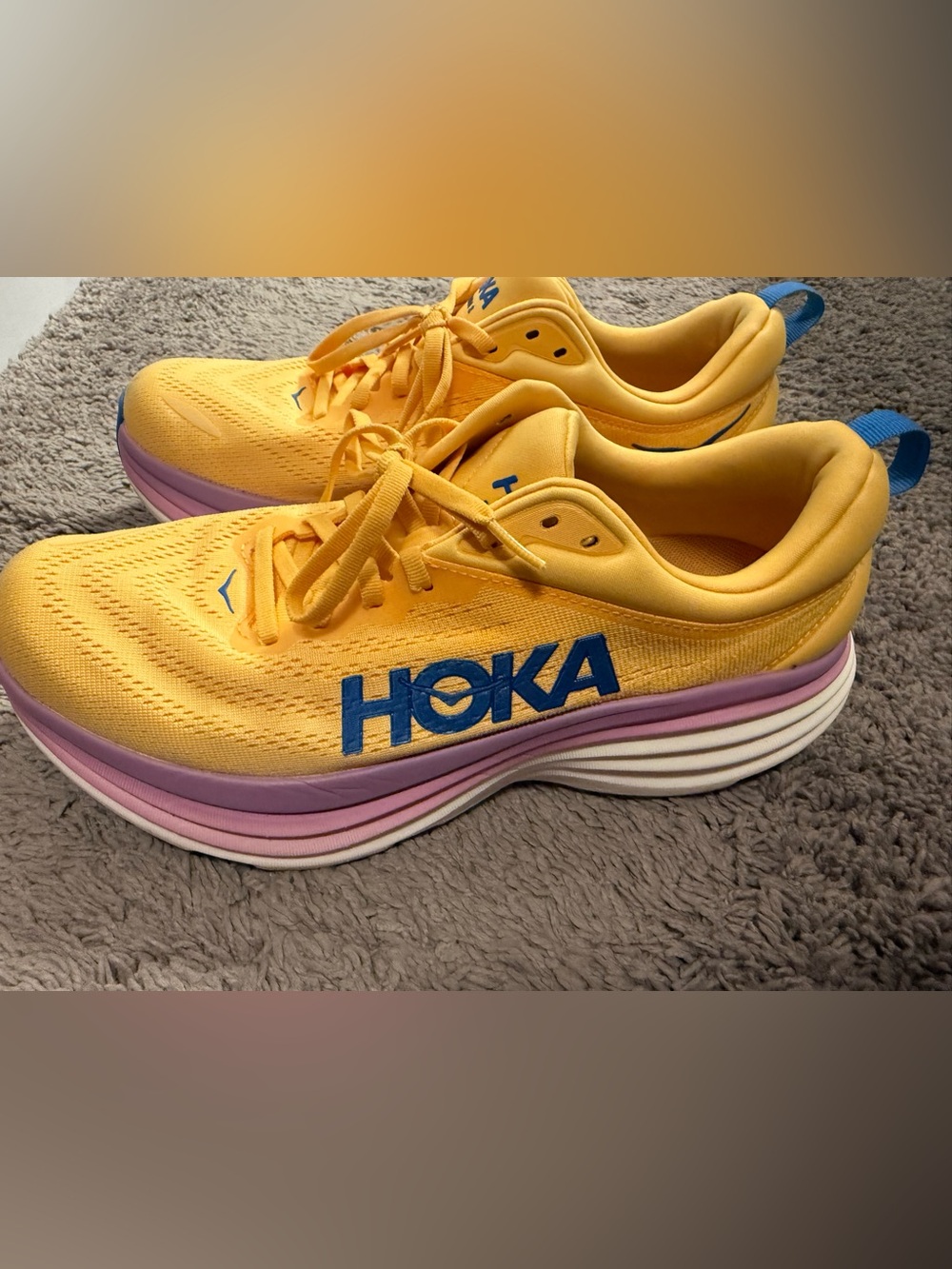 Hoka Women's Bright Yellow Sneakers with Blue Logo and Pink Midsole